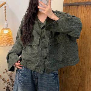 Big Flap Pockets Linen Striped Jacket
