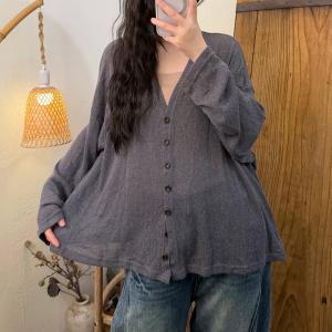 Long Sleeves V-Neck Tencel Linen Kinitwear