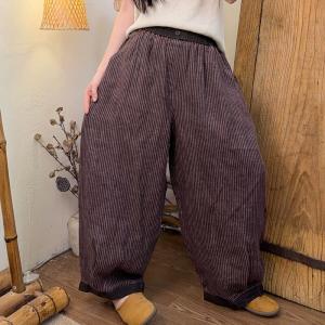 Vertaical Stripes High Rise Linen Carrot Pants