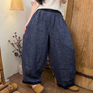 Vertaical Stripes High Rise Linen Carrot Pants