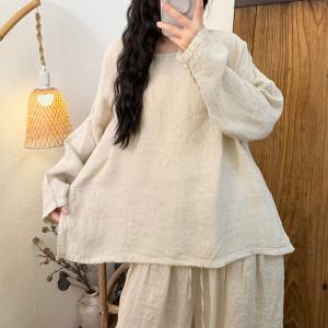 Crew Neck Long Sleeves Plain Flax Clothing