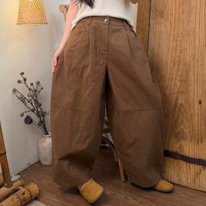 High Waist Baggy Cotton Curved Pants