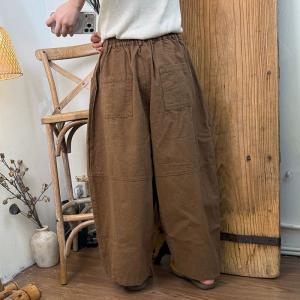 High Waist Baggy Cotton Curved Pants
