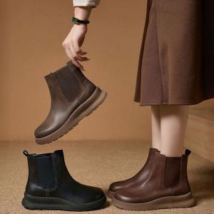 7. OK Autumn Cowhide Leather Platform Chelsea Boots
