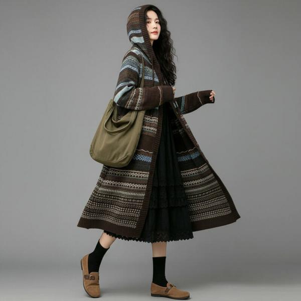 Street 45.8% Cashmere+30% Sheep Wool+15% Micro Fiber +9.2% Spandex Long Sleeve Hooded Striped Coffee Blue comfy oversized plus size lazy day travel resort 90s