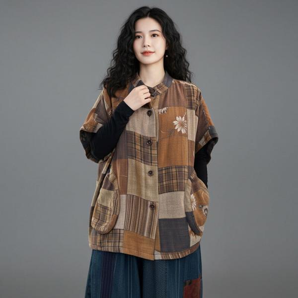 Street 45% Cotton+55% Linen Short Sleeve Lapel Plaid Red Coffee comfy oversized lazy day travel resort cottagecore rustic