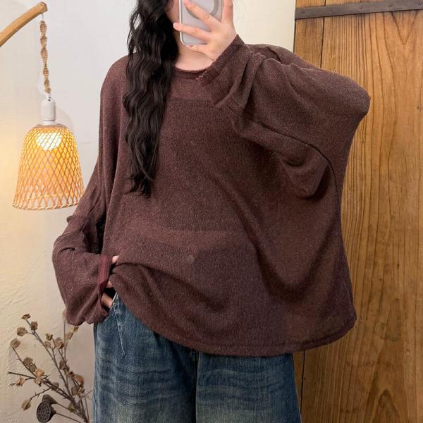 Casual Linen Blend Long Sleeve Round Neck Solid Color Gray Dark Coffee comfy rustic cottagecore oversized lazy day resort travel