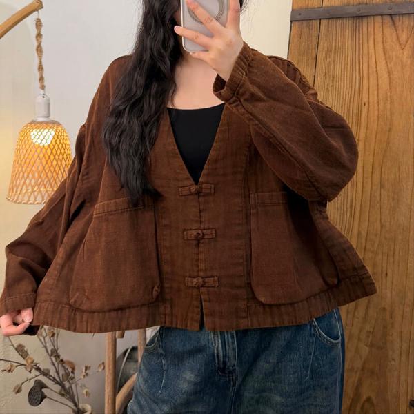 Casual 100% Cotton Long Sleeve V-Neck Solid Color Dark Coffee Yellow Red Khaki Black comfy oversized lazy day resort travel oriental rustic cottagecore