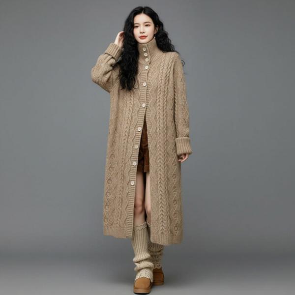 Elegant 45.8% Cashmere+30% Sheep Wool+15% Micro Fiber +9.2% Spandex Long Sleeve Stand Collar Solid Color Khaki Black Wine Red oversized plus size slouchy lazy day ulzzang