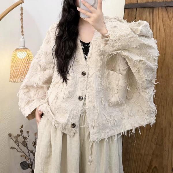 Casual 100% Cotton Long Sleeve V-Neck Solid Color Beige Black
