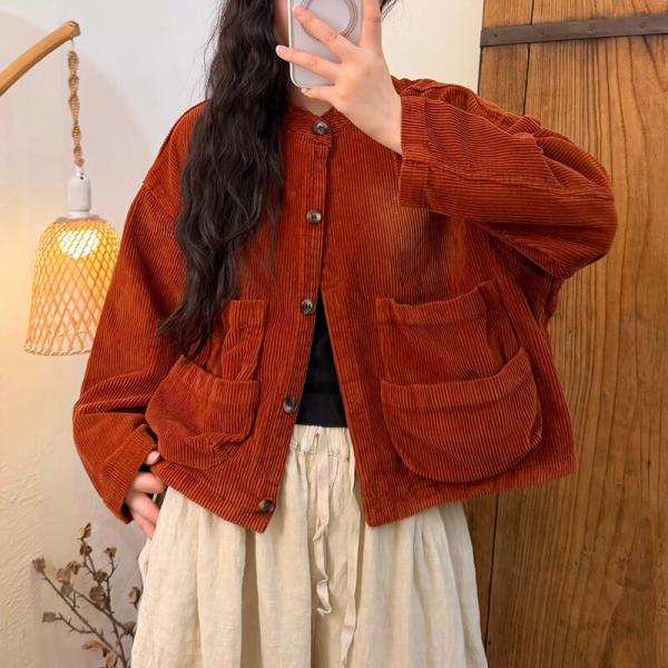 Casual Corduroy Long Sleeve Round Neck Solid Color Khaki Dark Coffee Black Purple Red Army Green Reddish Orange Gray comfy oversized lazy day resort travel brunch cottagecore rustic