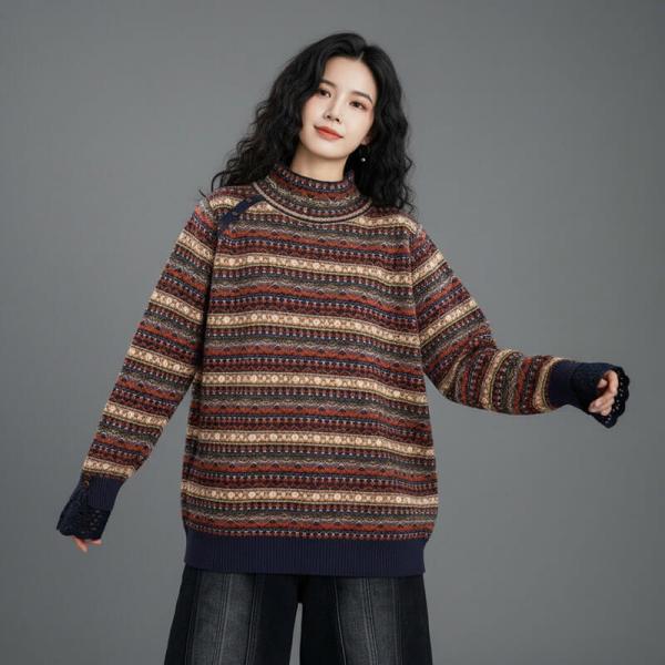 Casual Viscose Long Sleeve Mock Neck Fair Isle Blue Purple Red plus size oversized lazy day cottagecore rustic