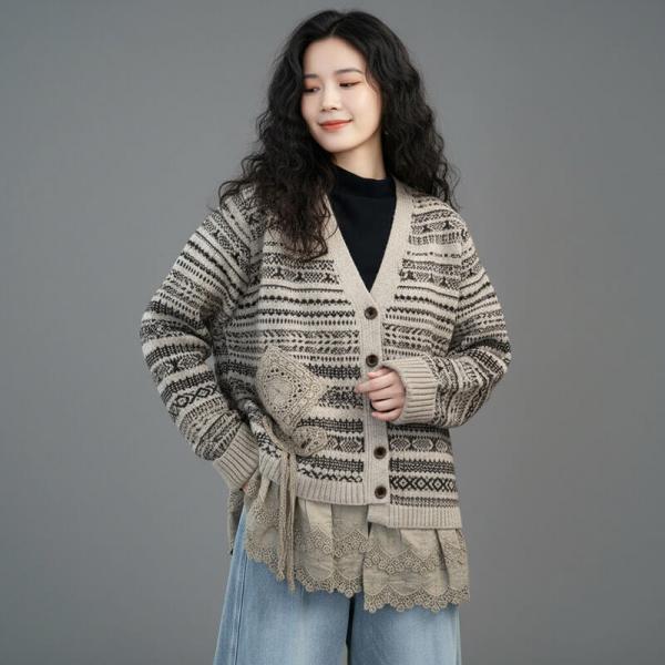 Casual 45.8% Cashmere+30% Sheep Wool+15% Micro Fiber +9.2% Spandex Long Sleeve V-Neck Fair Isle Khaki Dark Coffee Apricot oversized resort travel lazy day slouchy cottagecore rustic