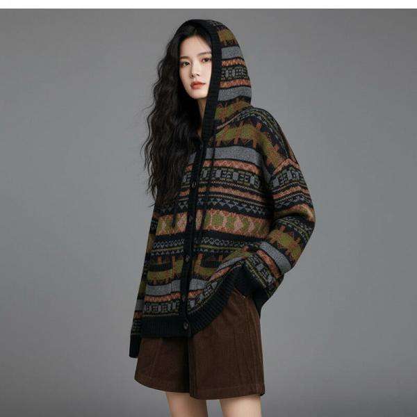 Casual Wool Blend Long Sleeve Hooded Fair Isle Black Apricot comfy oversized lazy day resort brunch rustic cottagecore