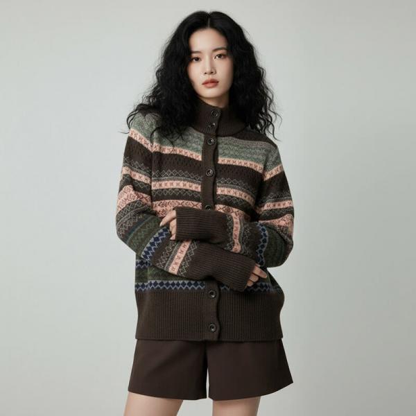 Casual Wool Blend Long Sleeve Stand Collar Fair Isle Coffee Blue cottagecore rustic oversized lazy day resort travel