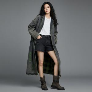 Wide Lapel Tartan Lining Ripped Jean Coat