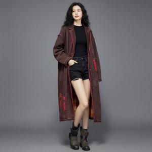 Wide Lapel Tartan Lining Ripped Jean Coat