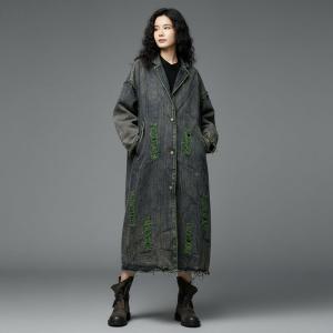 Wide Lapel Tartan Lining Ripped Jean Coat