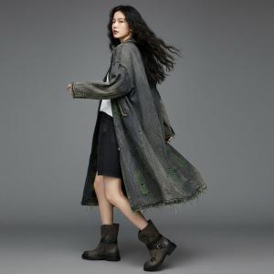 Wide Lapel Tartan Lining Ripped Jean Coat