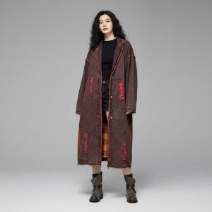 Wide Lapel Tartan Lining Ripped Jean Coat
