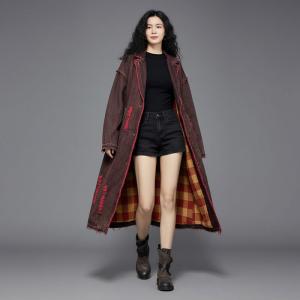 Wide Lapel Tartan Lining Ripped Jean Coat