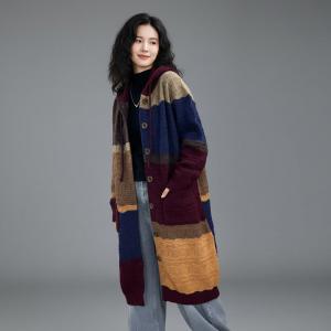 Contrast Colors Midi Knit Hooded Cardigan