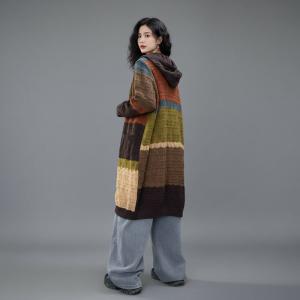 Contrast Colors Midi Knit Hooded Cardigan