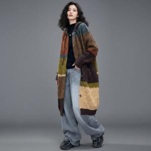 Contrast Colors Midi Knit Hooded Cardigan