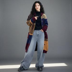 Contrast Colors Midi Knit Hooded Cardigan