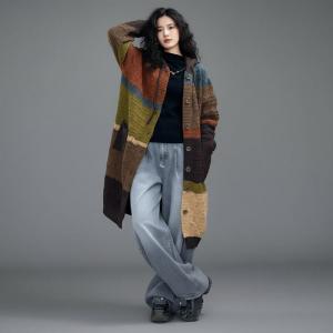 Contrast Colors Midi Knit Hooded Cardigan