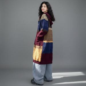 Contrast Colors Midi Knit Hooded Cardigan