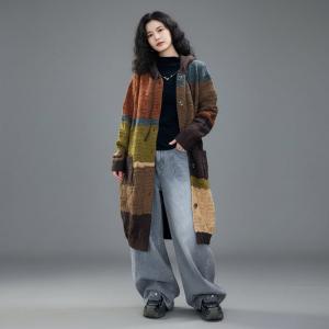 Contrast Colors Midi Knit Hooded Cardigan