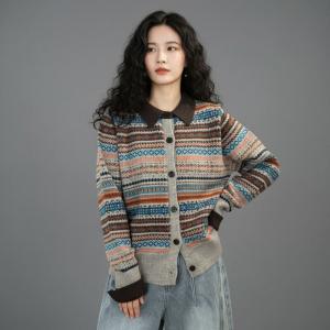Polo Neck Knitting Short Fair Isle Short Cardigan