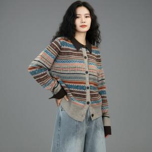 Polo Neck Knitting Short Fair Isle Short Cardigan