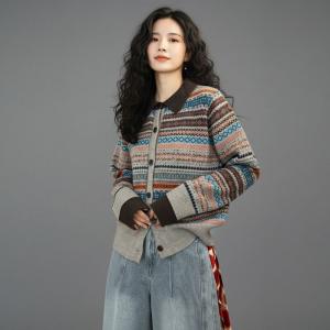 Polo Neck Knitting Short Fair Isle Short Cardigan