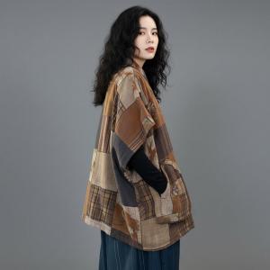 Cotton Linen Patchwork Short Sleeves Quilted Coat