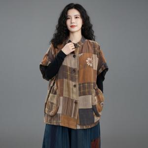 Cotton Linen Patchwork Short Sleeves Quilted Coat
