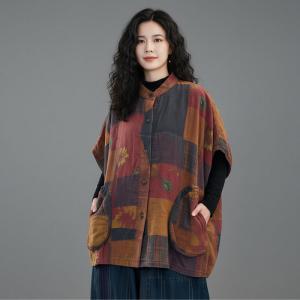 Cotton Linen Patchwork Short Sleeves Quilted Coat