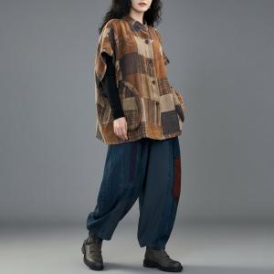 Cotton Linen Patchwork Short Sleeves Quilted Coat