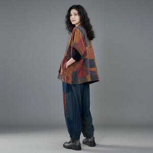Cotton Linen Patchwork Short Sleeves Quilted Coat