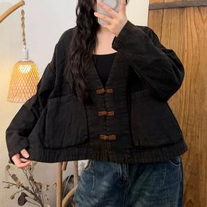 Chinese Frog Buttons V-Neck Cotton Short Coat