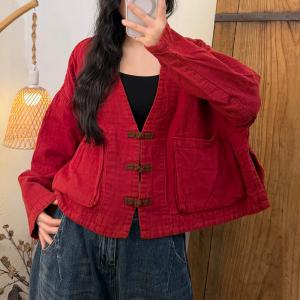Chinese Frog Buttons V-Neck Cotton Short Coat