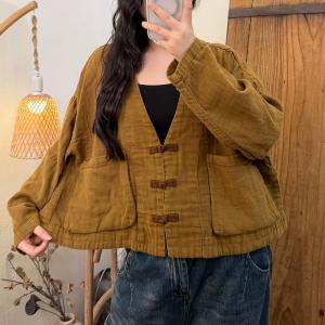 Chinese Frog Buttons V-Neck Cotton Short Coat