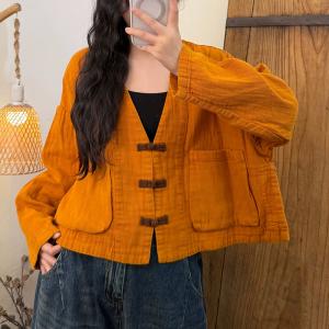 Chinese Frog Buttons V-Neck Cotton Short Coat