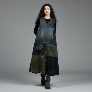 Contrast Colors Denim Ripped Sleeveless Dress