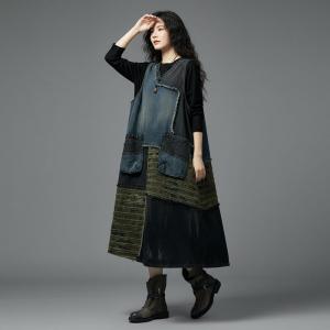 Contrast Colors Denim Ripped Sleeveless Dress