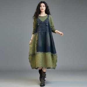 Blue Contrast Fringed Balloon Jean Dress
