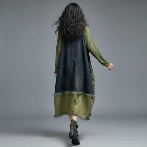 Blue Contrast Fringed Balloon Jean Dress