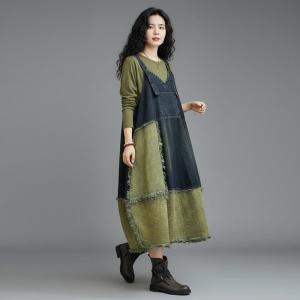 Blue Contrast Fringed Balloon Jean Dress