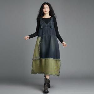 Blue Contrast Fringed Balloon Jean Dress